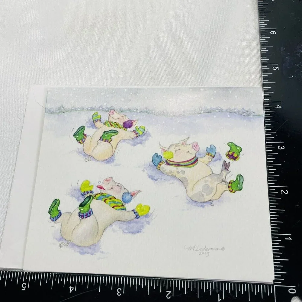 Laughing Pigs Christmas Card M Lederman 2013 envelope Single Heifer